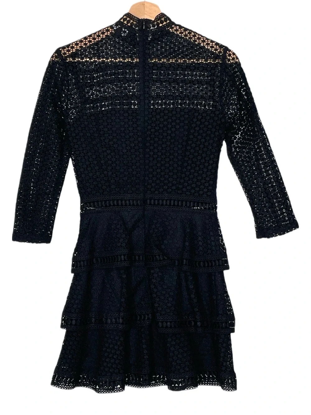 PrettyLittleThing Caya Black Premium Lace Panel Tiered Mini Dress Size 6
